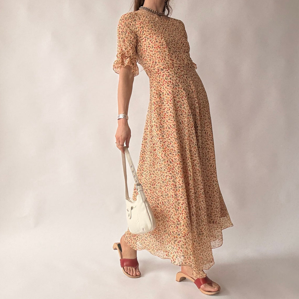 Vintage 70s Handmade Ditsy Floral Chiffon Maxi Dress - Small