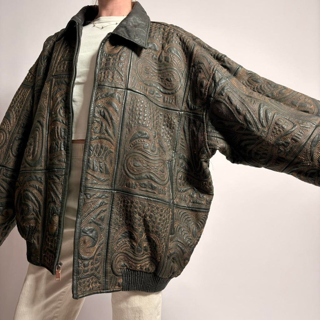 Signature Gold Embroidery Leather Bomber - Fits Men's XL