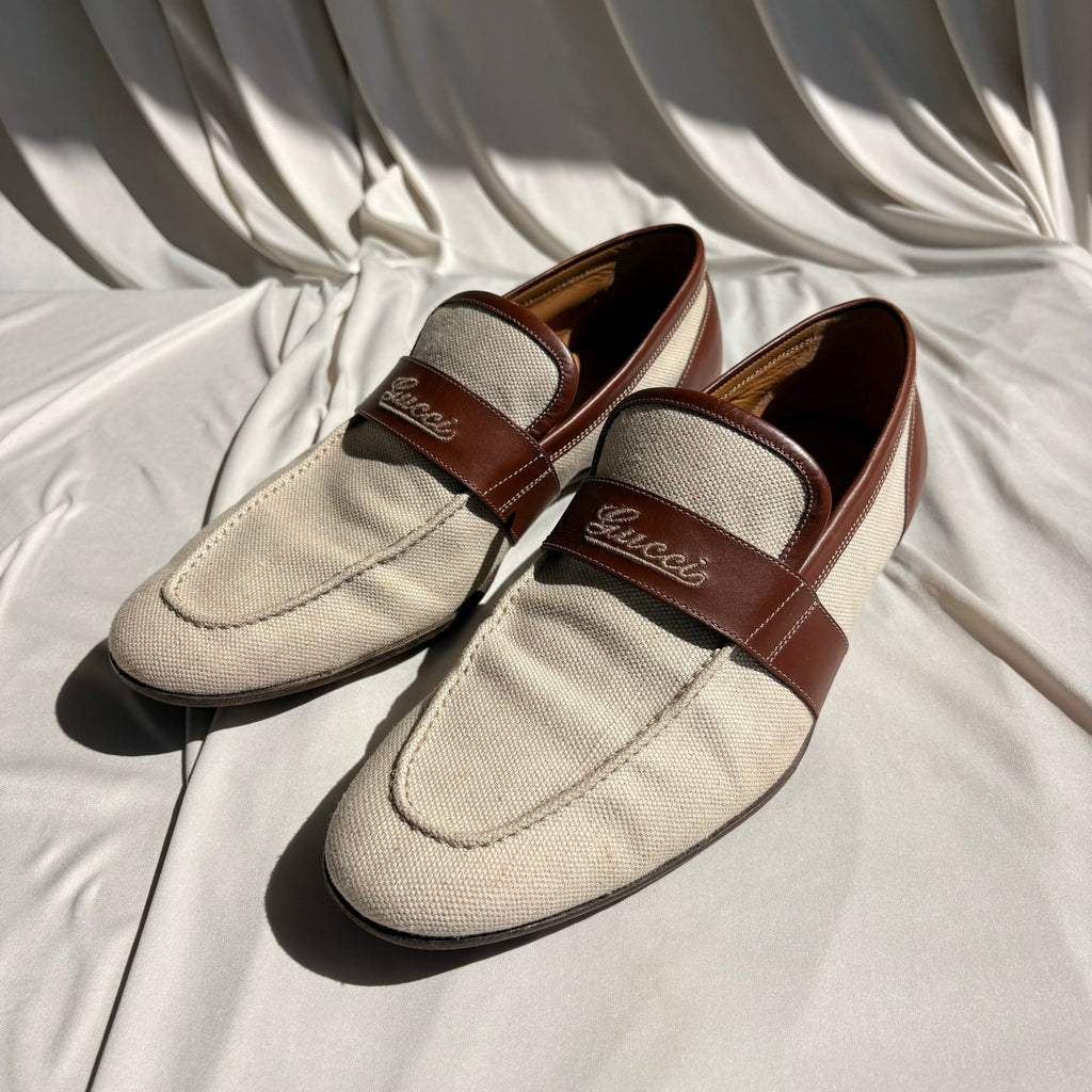 Vintage Gucci Slip-On Loafers - Cream Canvas, Brown Leather, EU 39