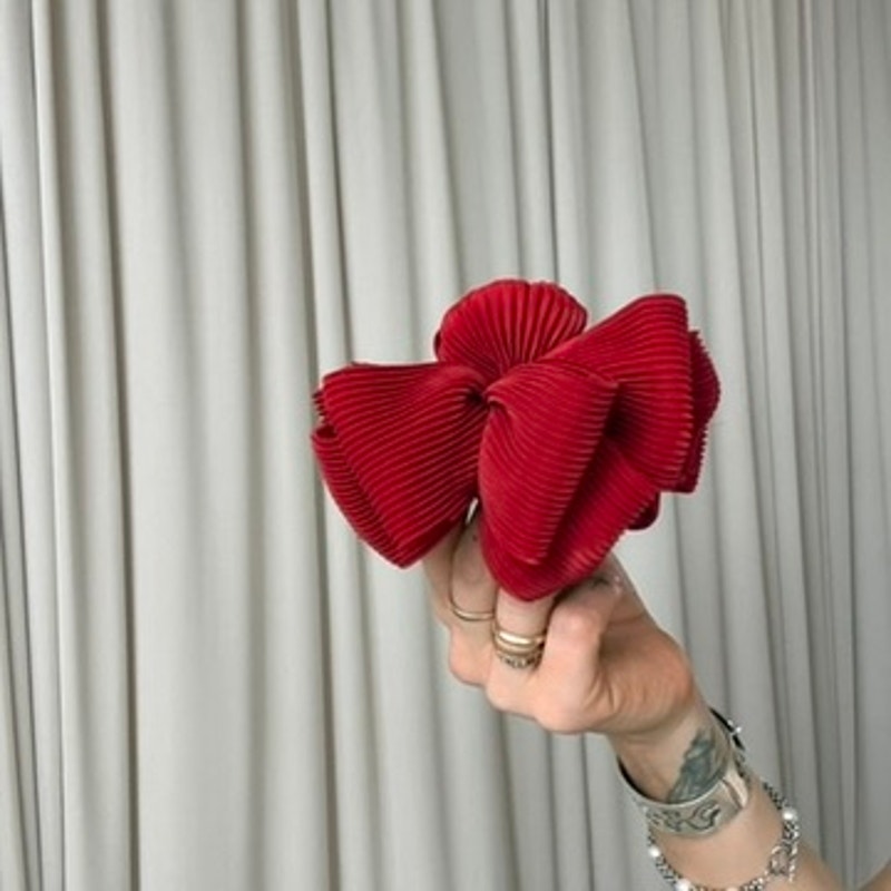 Red Oversized Ribbon Claw Clip - Pleated Bow Detail, Retro
