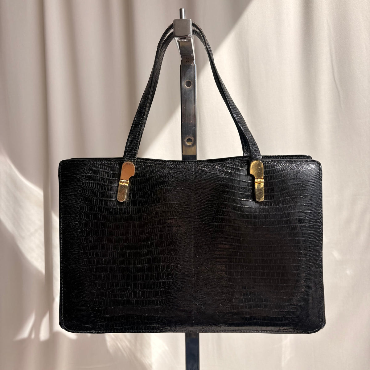 Vintage Loewe Black Patent Croc-Embossed Leather Shoulder Bag