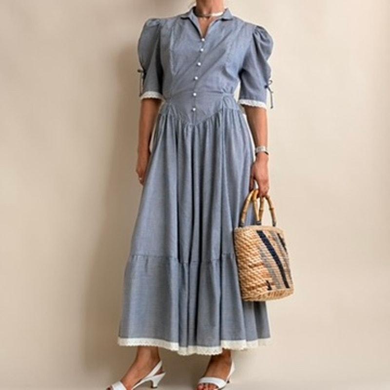 70's Wendy One Gingham Prairie Dress - Blue & White, Basque Waist, Size Small
