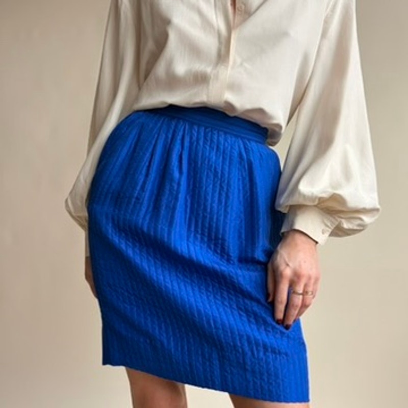 Cobalt Blue Quilted Silk Skirt - Vertical Stitching, 80s Vintage, Size 4