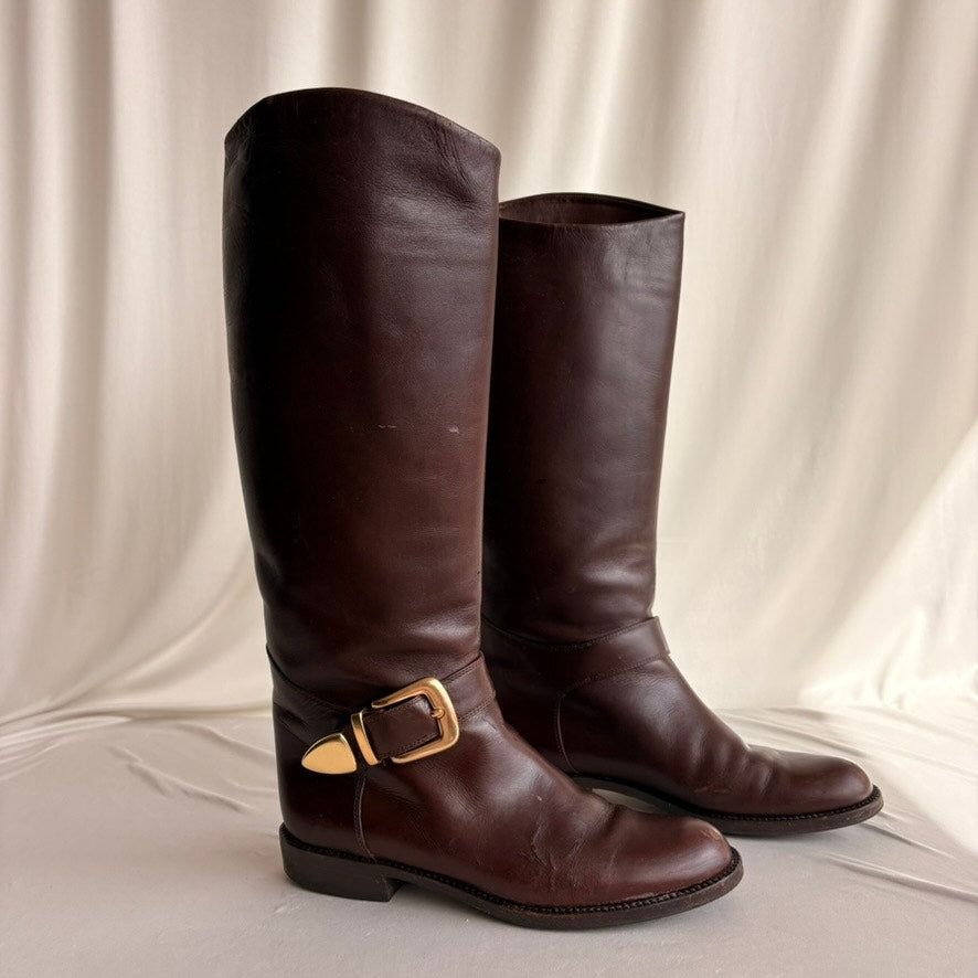 Vintage 1978 Idea Studios Brown Leather Riding Boots - Gold Buckle, 7.5