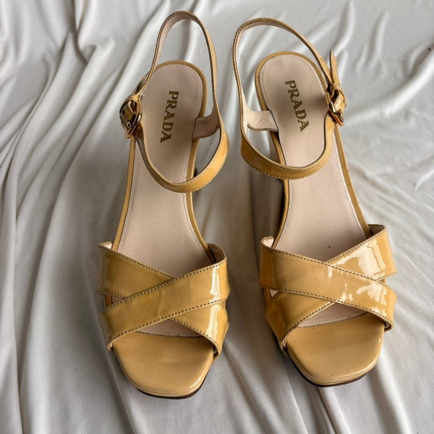 Vintage Prada Butter Yellow Patent Leather Wedge Sandals - Y2K, EU 39.5/US 9.5