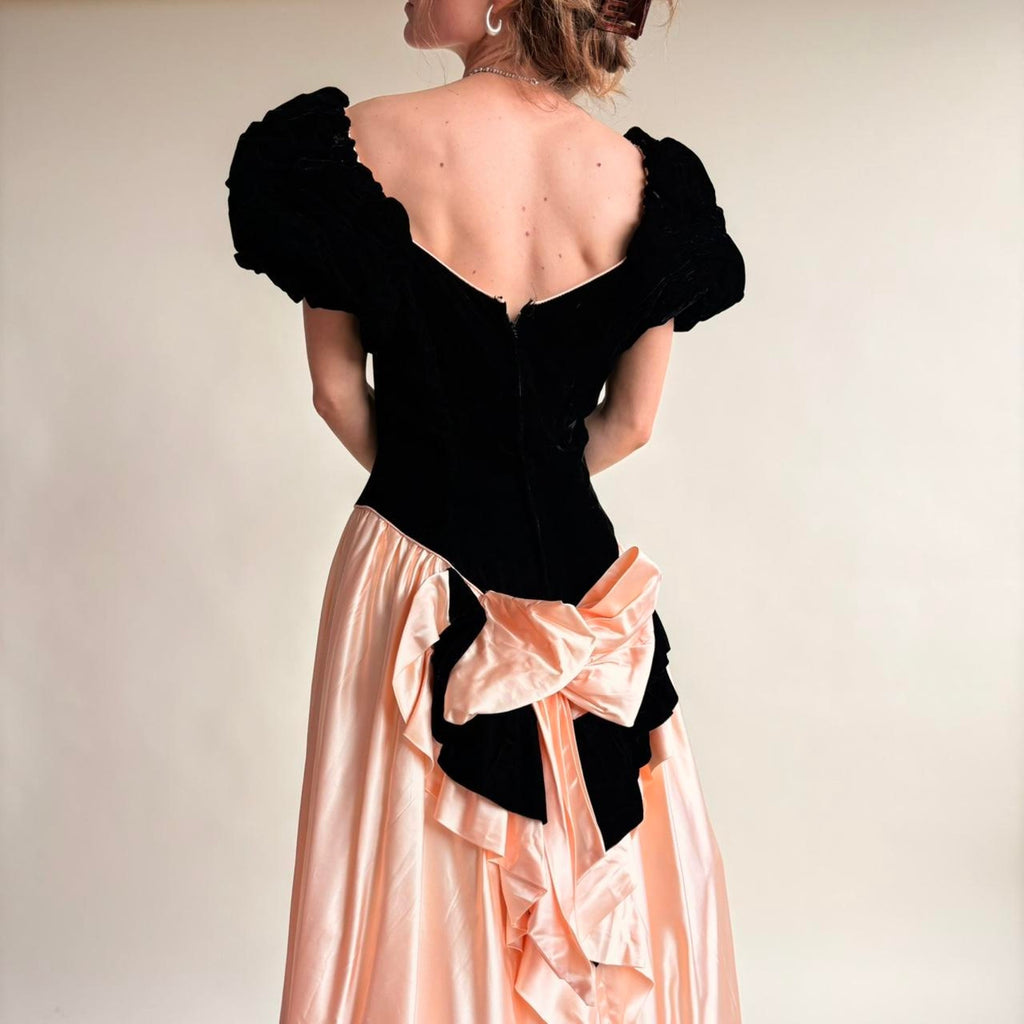 Sharon Akin Black Velvet & Pink Prom Dress - Vintage 80s, Size Small