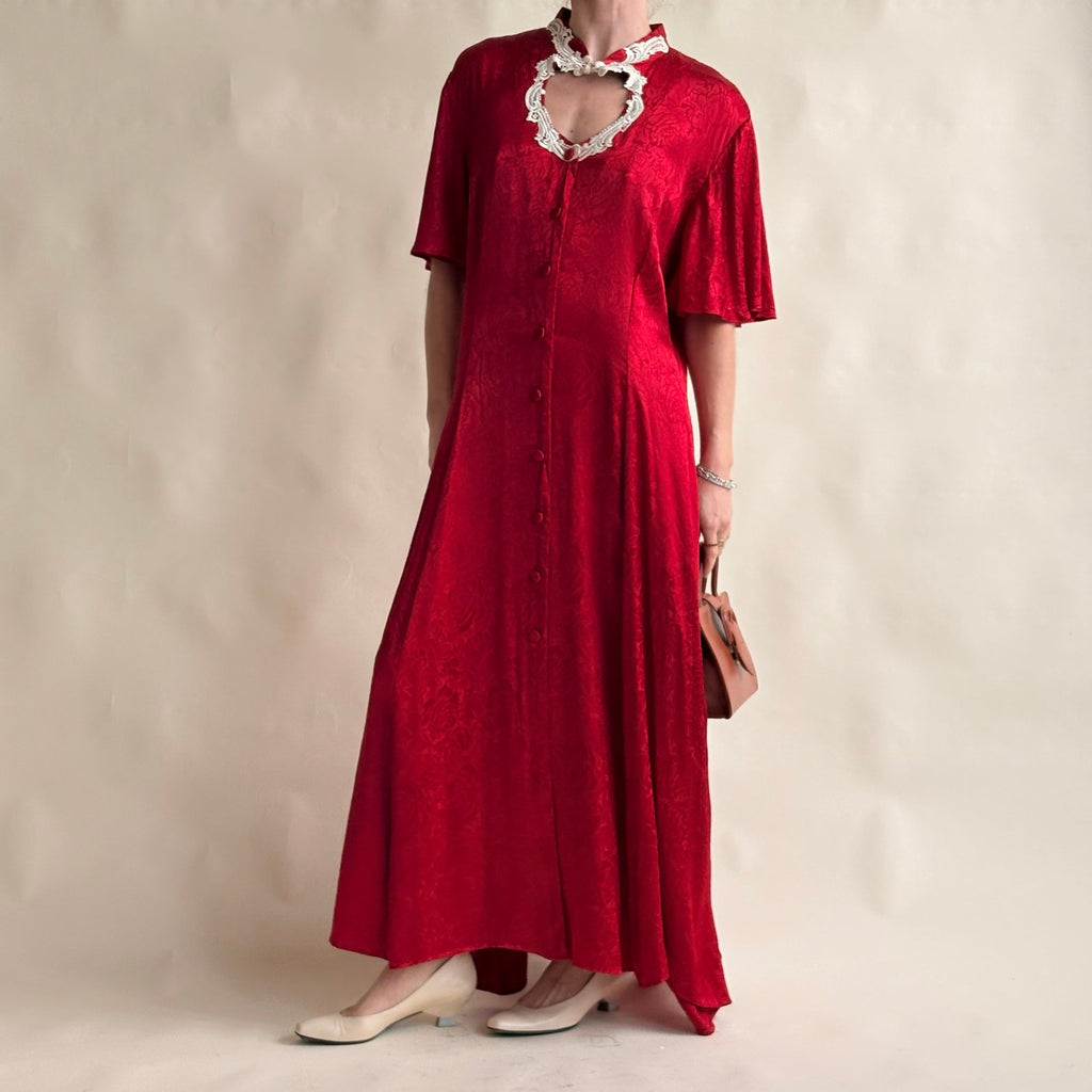 Frederick's of Hollywood Red Satin Rose Jacquard Maxi Dress - Lace Cutout