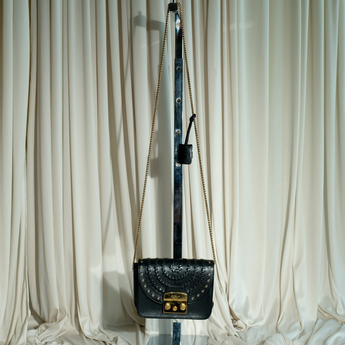 Furla Metropolis Perforated Black Leather Bag - Weave Detail, Gold Hardware