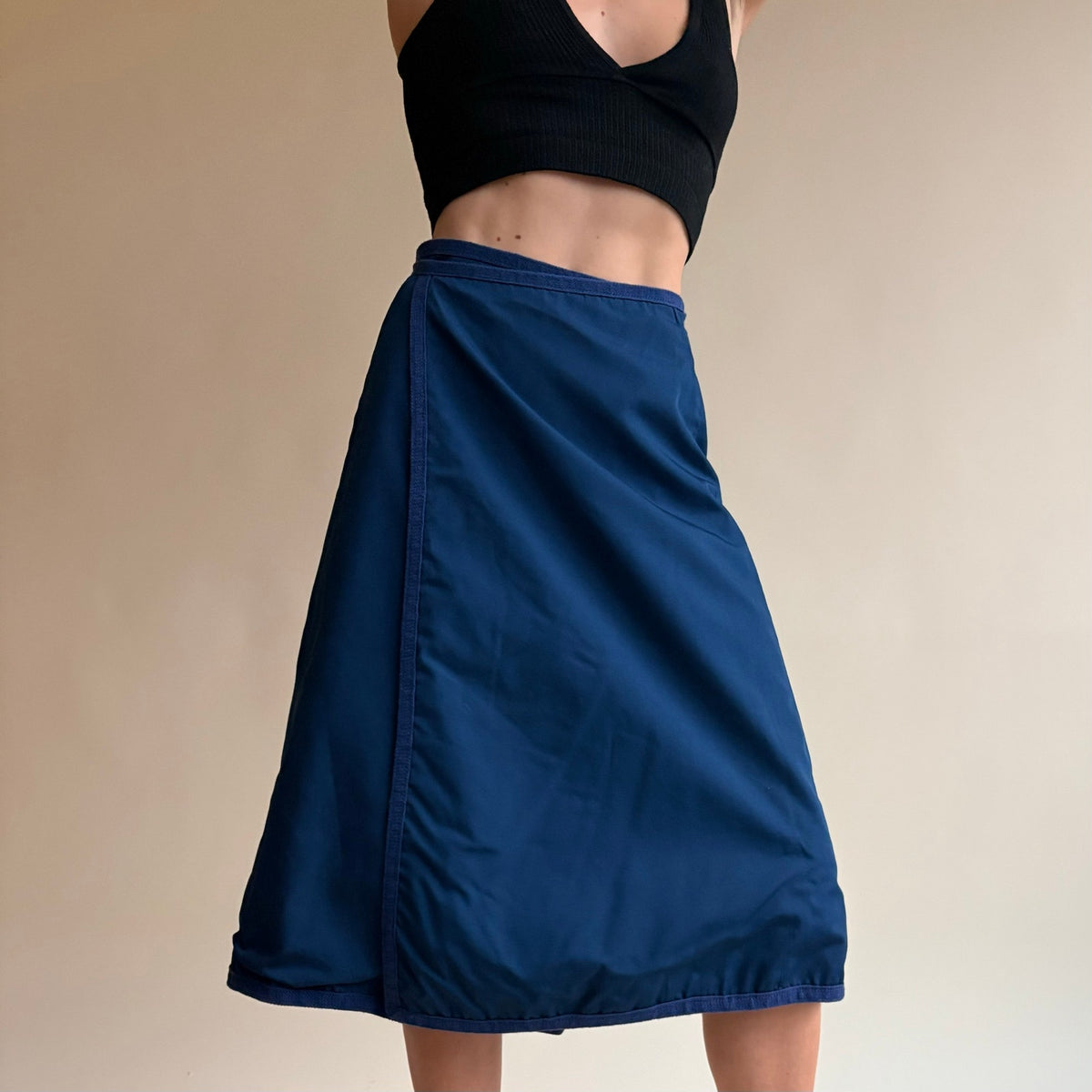 1970s Blue Reversible Floral Wrap Skirt - Navy Reverse, One Size