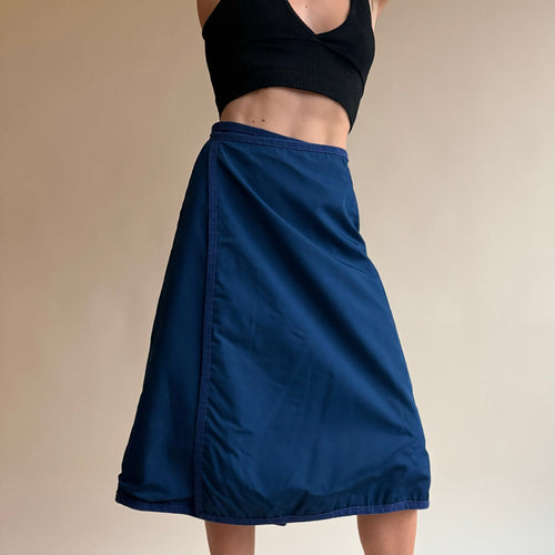 1970s Blue Reversible Floral Wrap Skirt - Navy Reverse, One Size