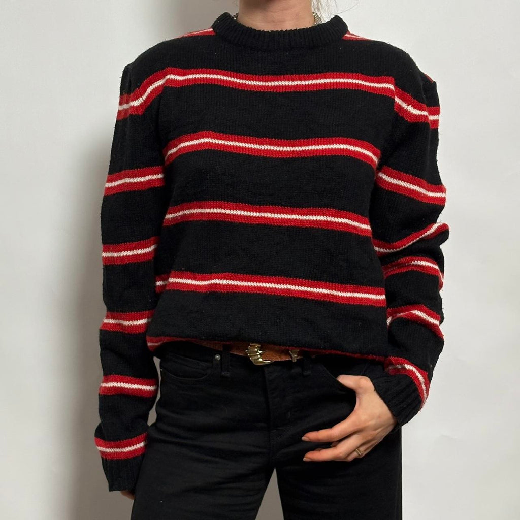 Vintage INC Black, Red and White Striped Rugby Sweater- XL
