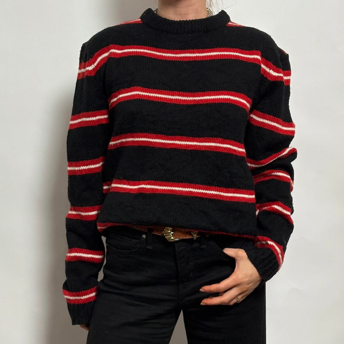 Vintage INC Black, Red and White Striped Rugby Sweater- XL