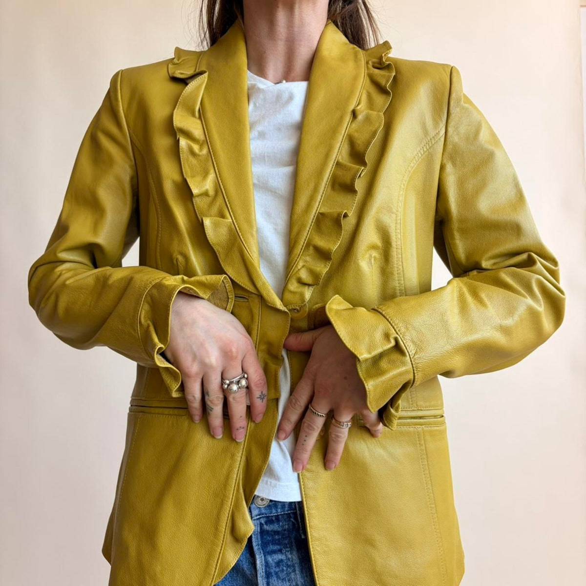 Jerry Lewis Mustard Yellow Leather Blazer - Size XS