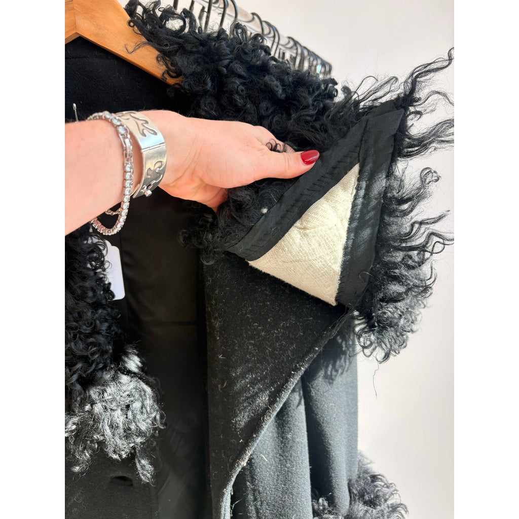 Vintage 1970s Black Wool & Mongolian Shearling Coat