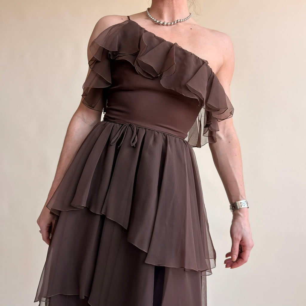 Patricia Murray Brown Ruffled Chiffon Dress - One-Shoulder, Fits Modern 0