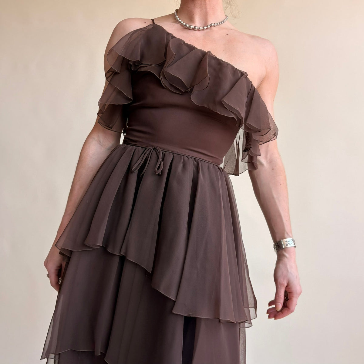 Patricia Murray Brown Ruffled Chiffon Dress - One-Shoulder, Fits Modern 0