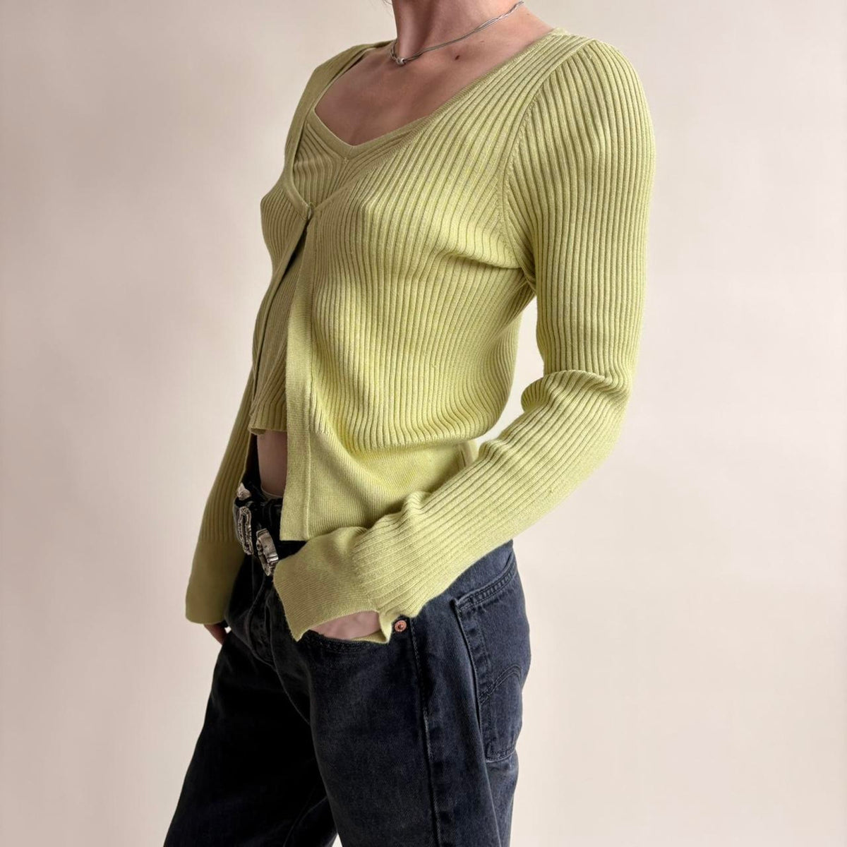 Pink Rose Green Cardigan Tank  Set - Size Medium
