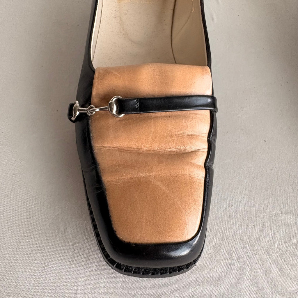 Vintage Joan & David Black & Tan Leather Loafers - Silver Horsebit Hardware