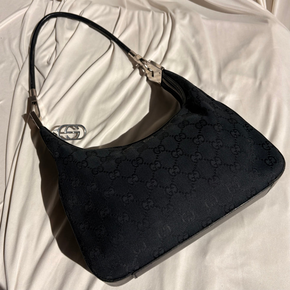 Vintage Gucci Tom Ford Era Black GG Monogram Canvas Hobo Bag Silver Hardware
