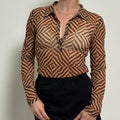 Sheer Zara Brown Abstract Geometric Button Up Top - Small