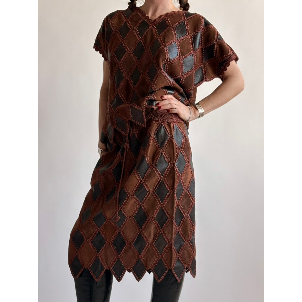 Vintage 1970s Handmade Turkish Diamond Patchwork Leather Skirt