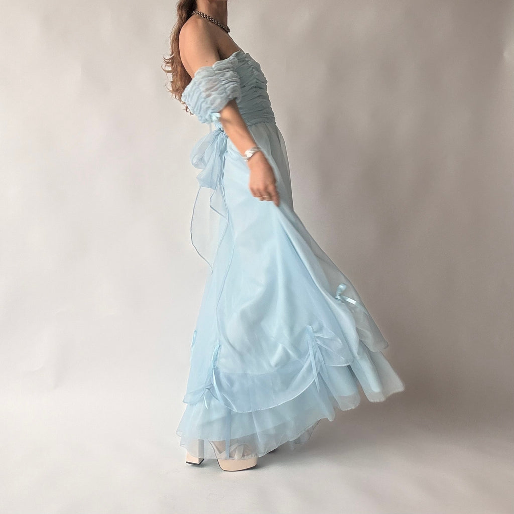 Roberta of California Vintage Powder Blue Ruched Off-Shoulder Gown