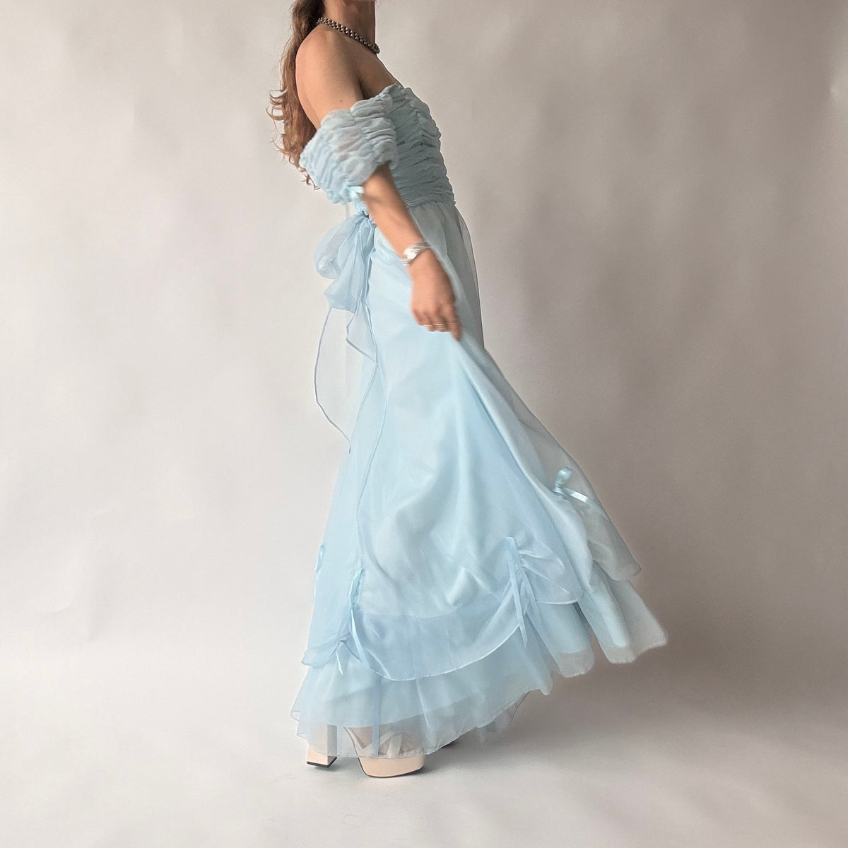 Roberta of California Vintage Powder Blue Ruched Off-Shoulder Gown