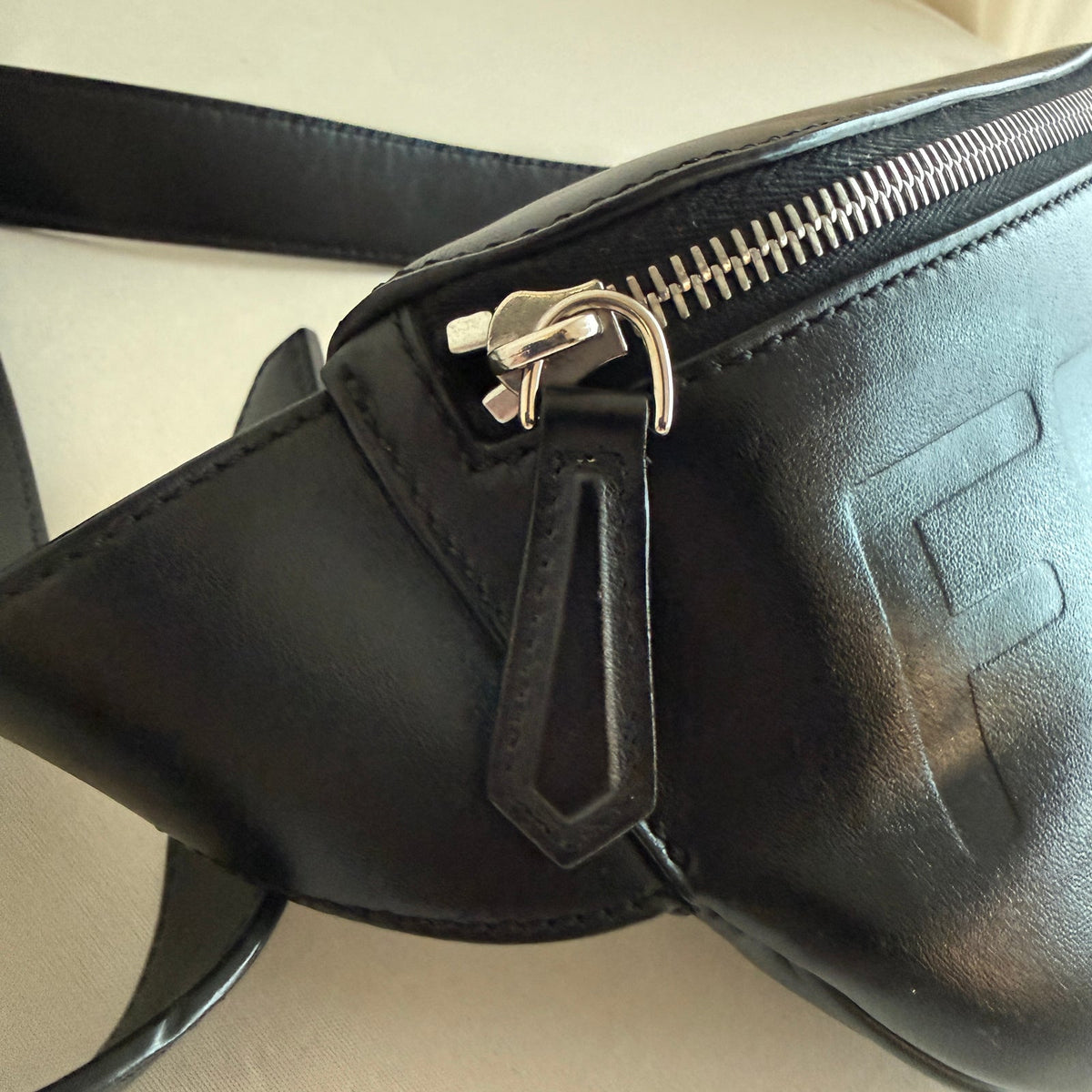 Fendi Roma Logo Black Leather Belt Bag - 3D Embossed Logo