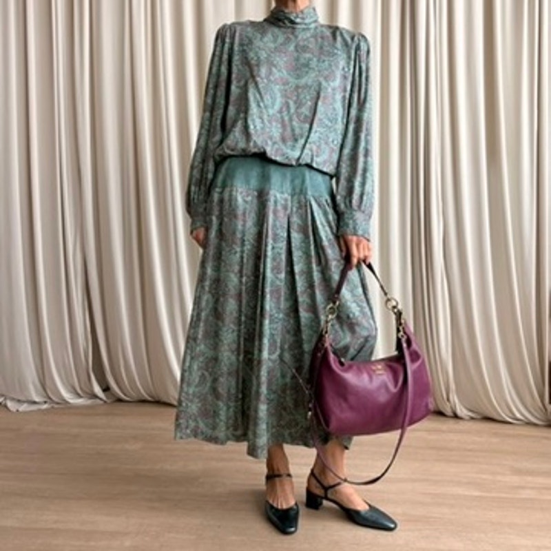 Annie Quince Teal Paisley Drop-Waist Maxi - 80s,Made in USA, Size 12 (Fits L)