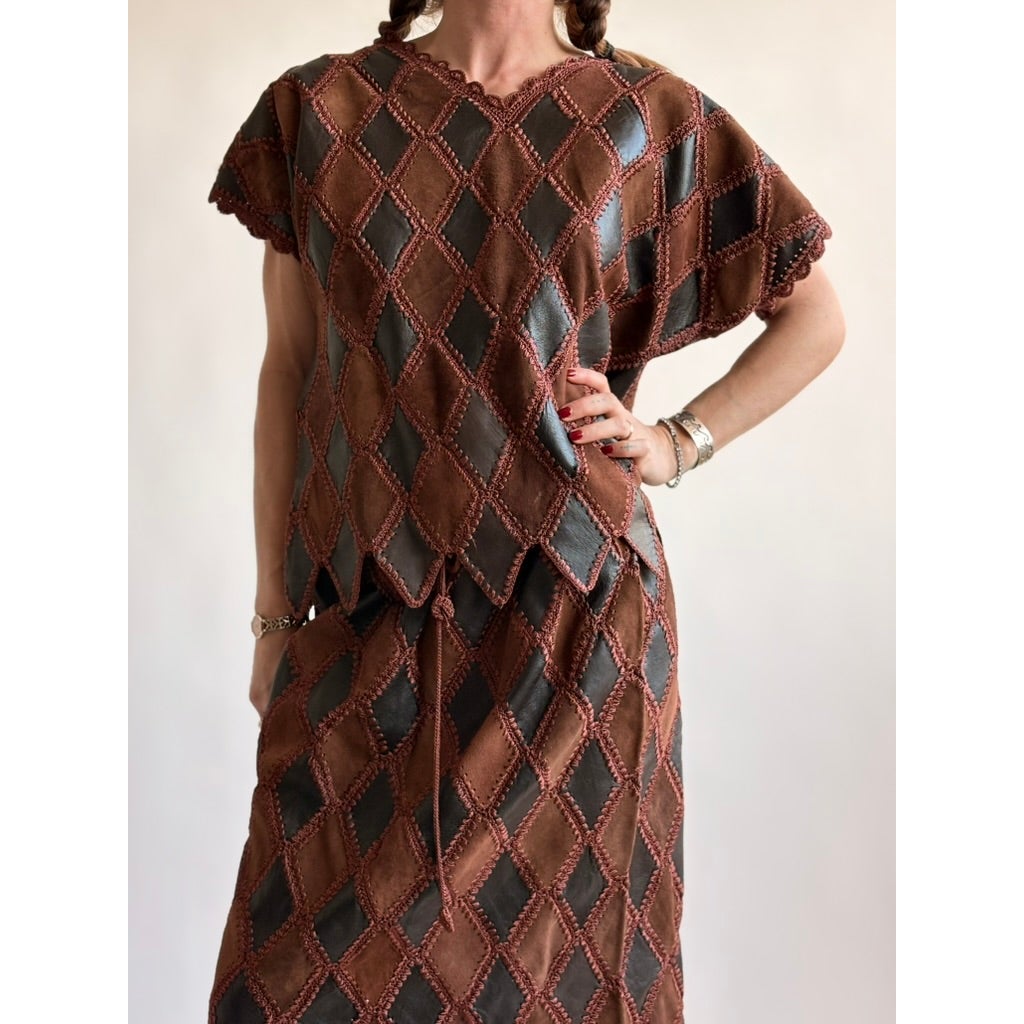 Vintage 1970s Handmade Turkish Diamond Patchwork Leather Top