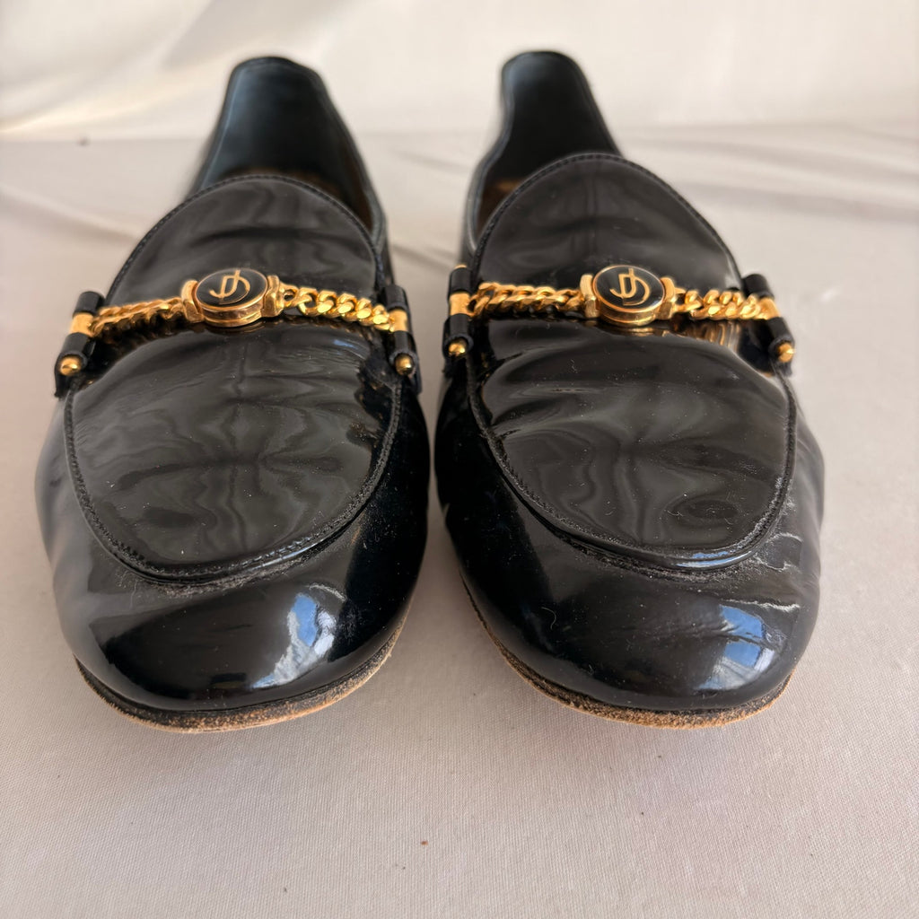 Vintage Joan & David Black Patent Leather Loafers - Gold Chain Hardware