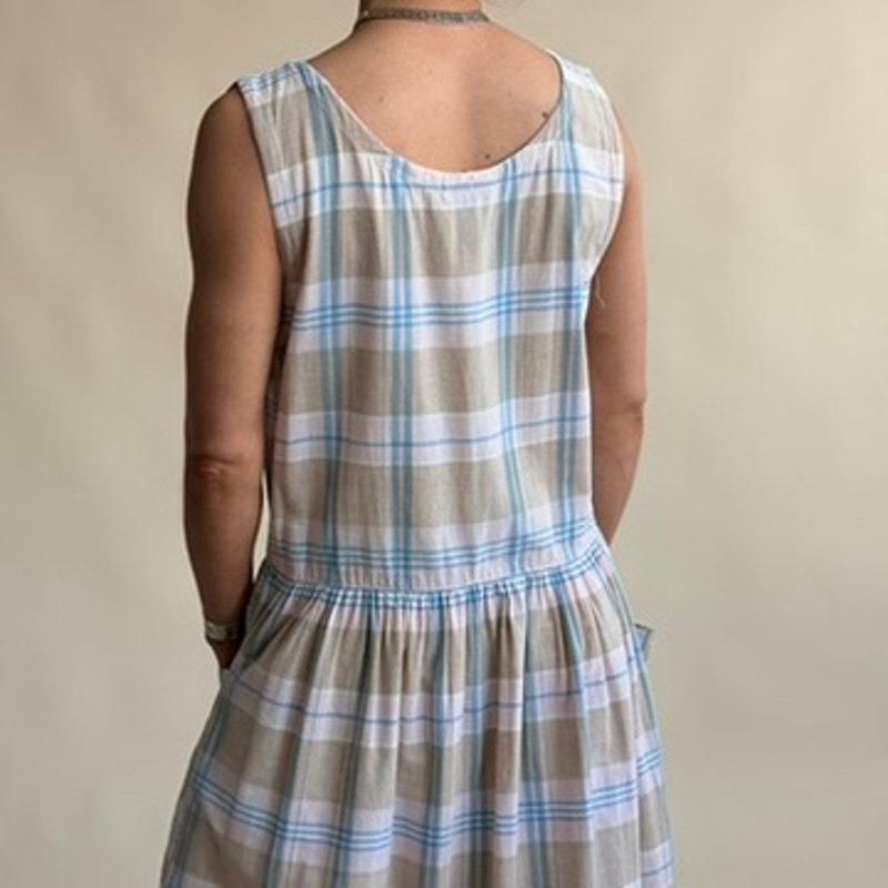 Erika Plaid Drop-Waist Dress - Light Blue, Sage & White, Pockets, 100% Cotton, Size M