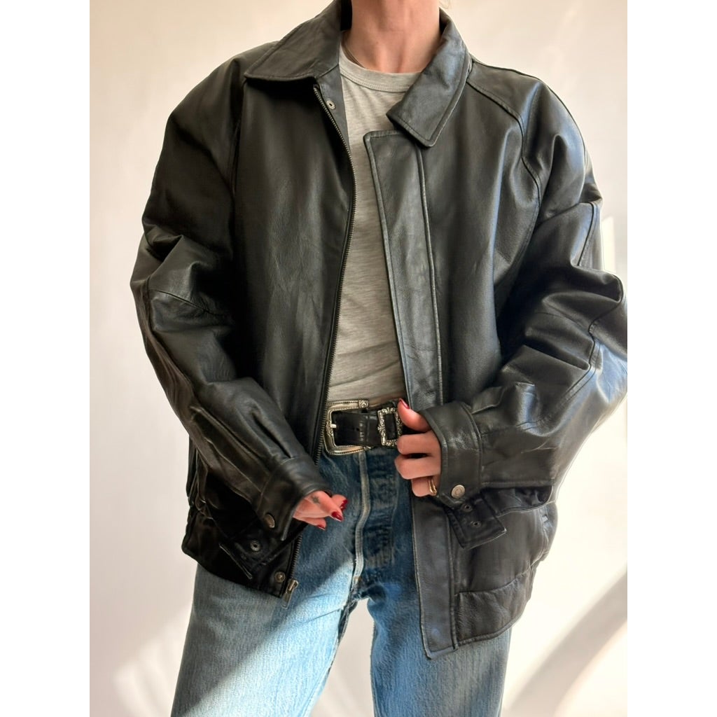 Vintage 90s North Crest Black Leather Bomber Jacket -large