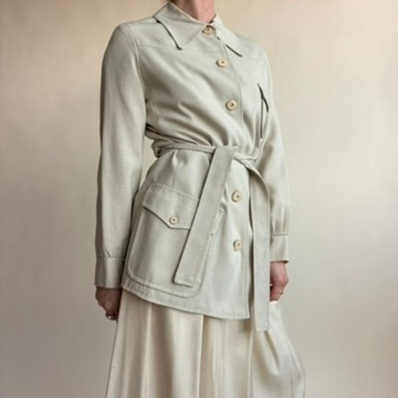 Larry Levine New York Tan Belted Field Jacket - Lightweight Cropped Trench, Pockets, Size Small