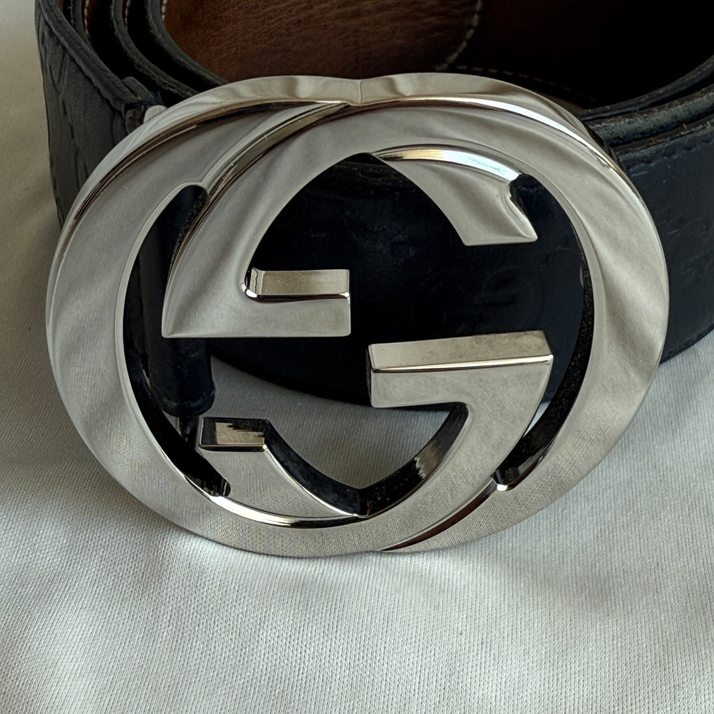 Gucci Guccissima Leather Belt - Black, Silver Interlocking G, Size 95cm
