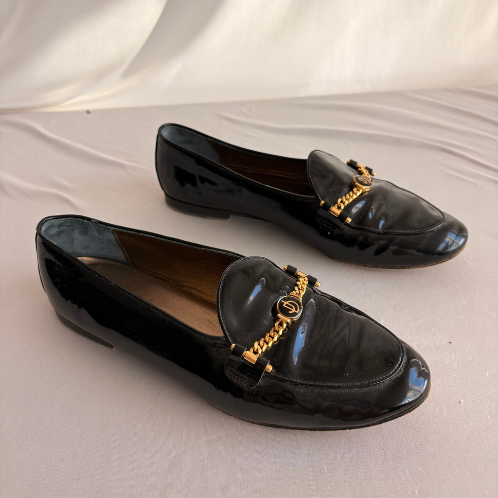 Vintage Joan & David Black Patent Leather Loafers - Gold Chain Hardware