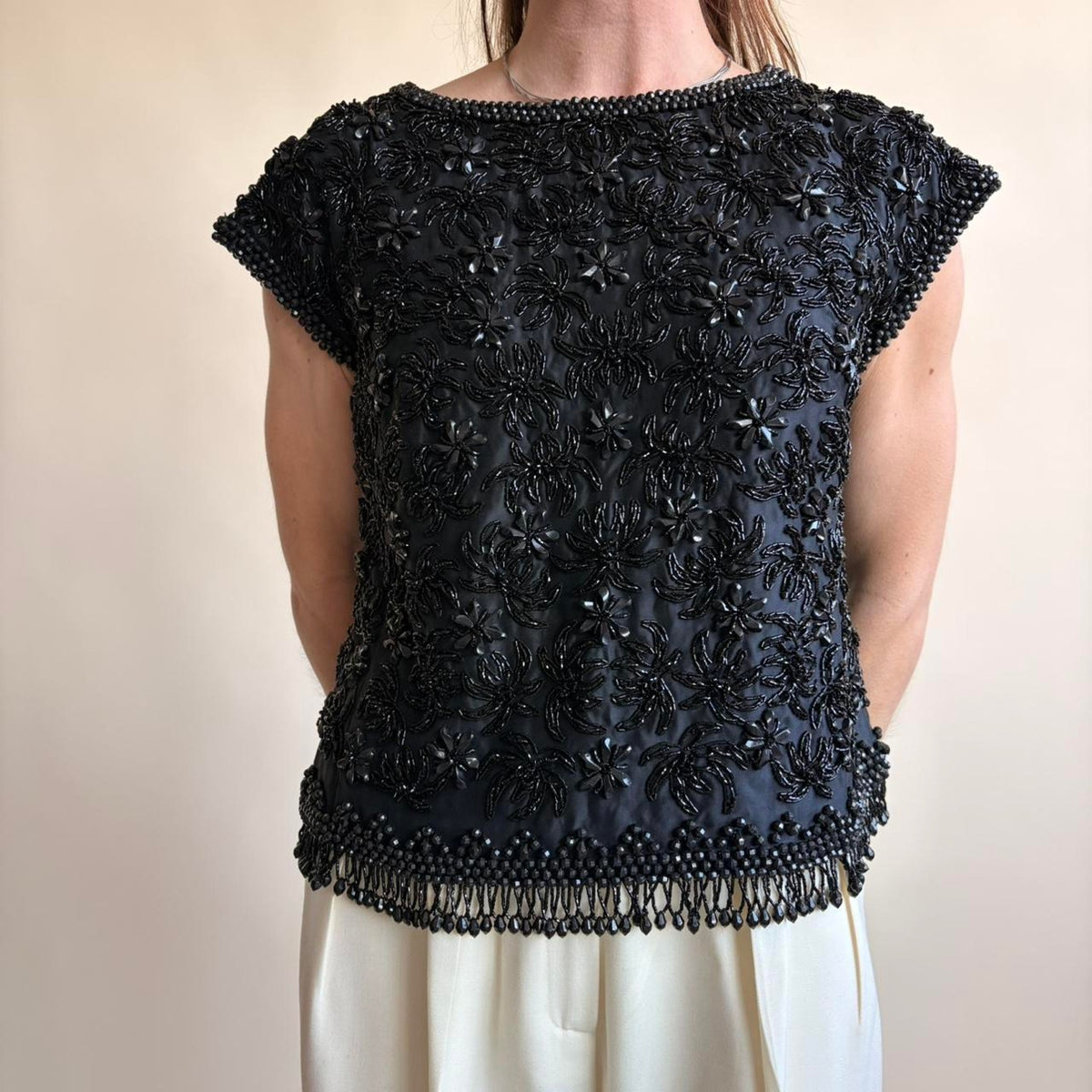 Doreen Loh Black Beaded Fringe Top - Made in Hong Kong