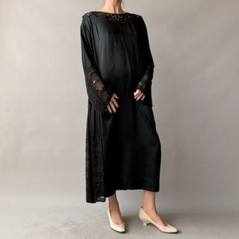 Antique 1920s Black Silk Satin Hand-Beaded Lace Shift Dress