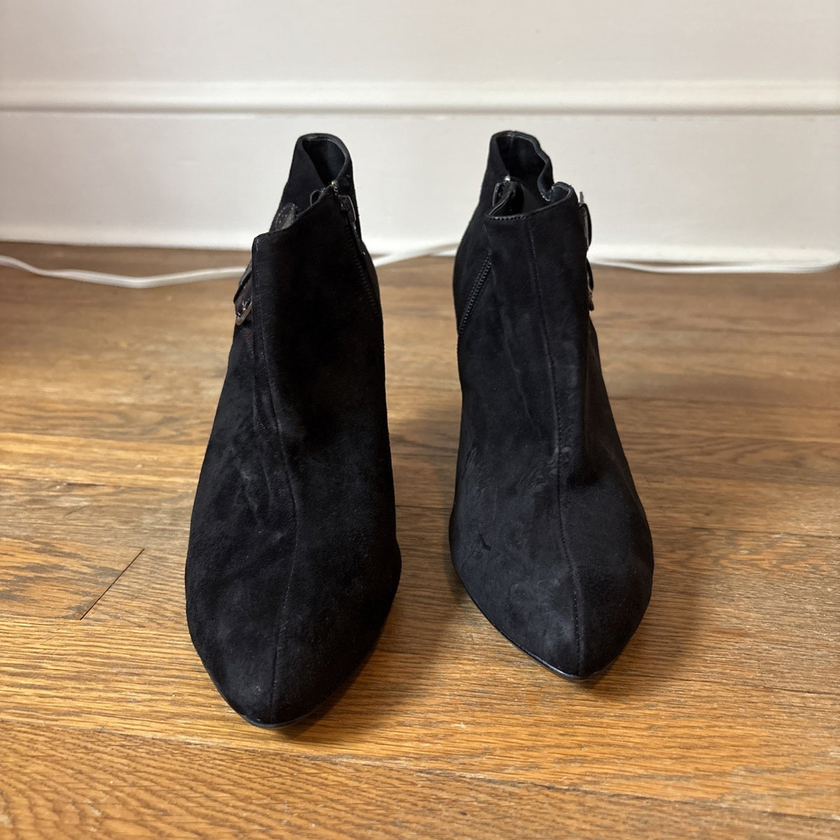 Worthington Womens 9M Black Suede Ankle Boot 3” High Heel Bootie 2 Buckle EUC
