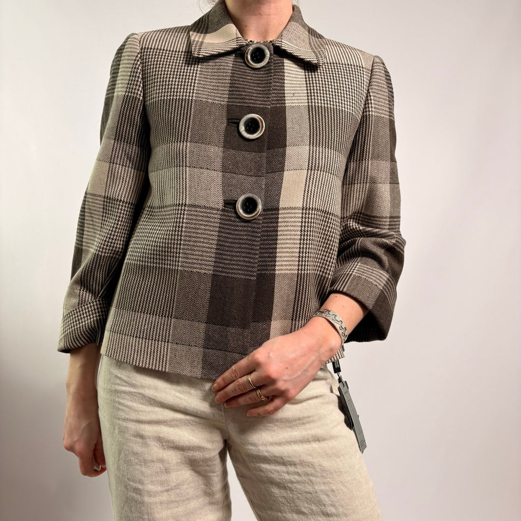 Tahari Brown & Beige Plaid Cropped Jacket - NWT, Size 4