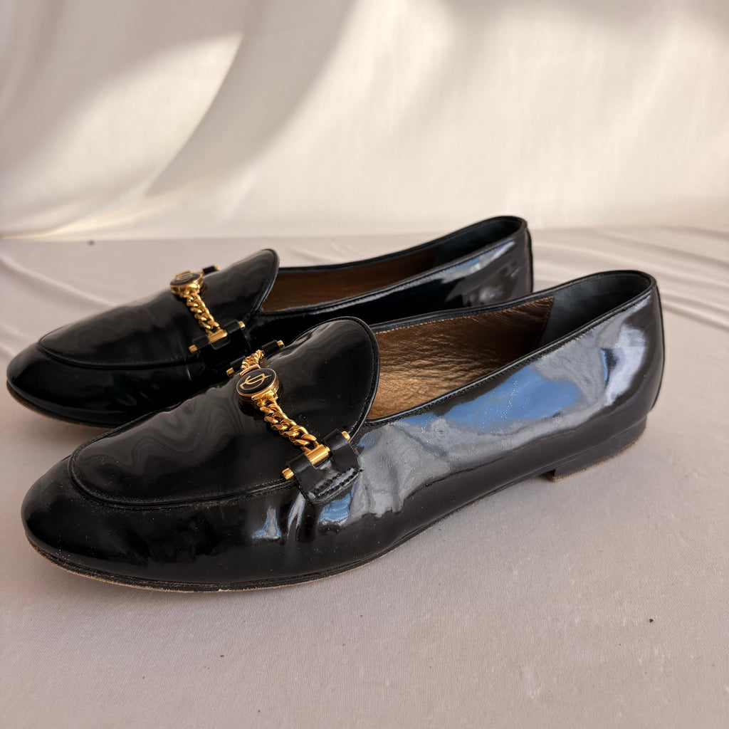 Vintage Joan & David Black Patent Leather Loafers - Gold Chain Hardware