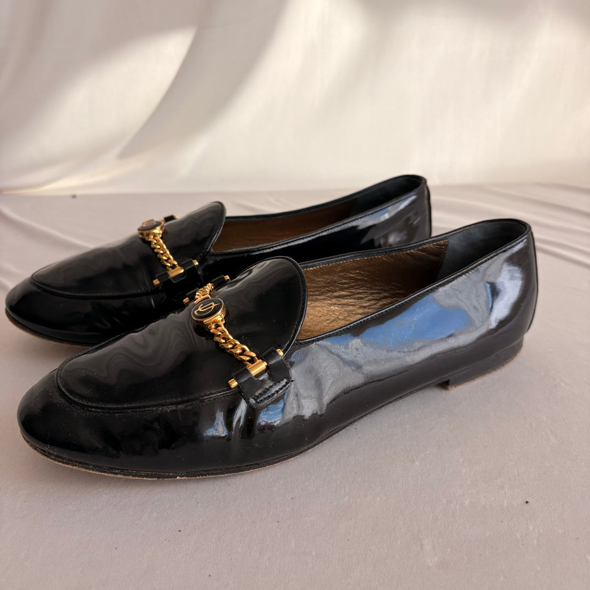 Vintage Joan & David Black Patent Leather Loafers - Gold Chain Hardware