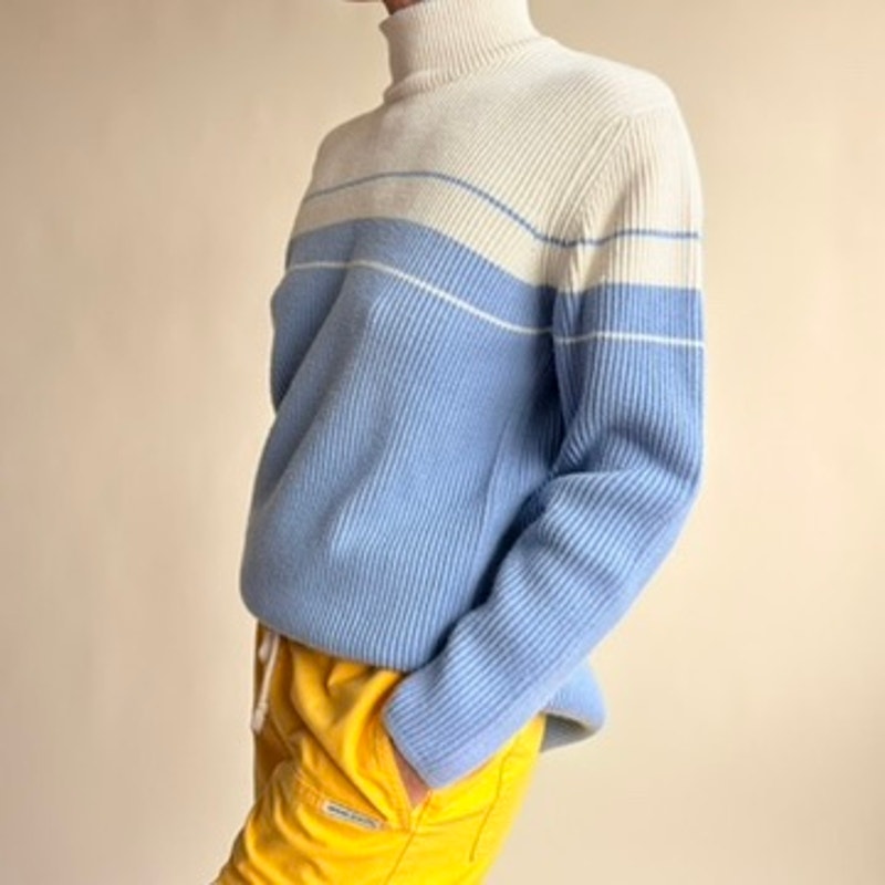 Jeanne Pierre Striped Mock Neck Sweater - Blue & White, 100% Cotton,  Size Small
