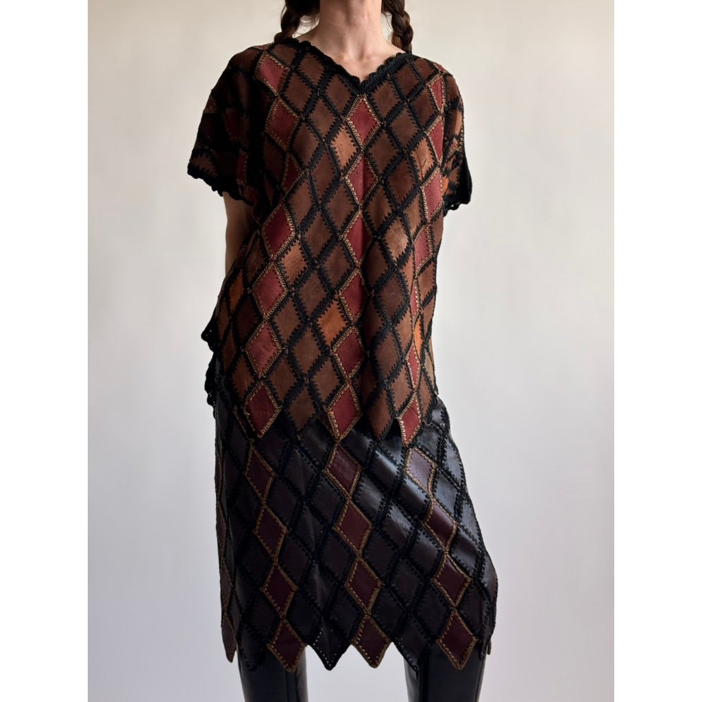 Vintage 1970s Handmade Turkish Diamond Patchwork Leather Top