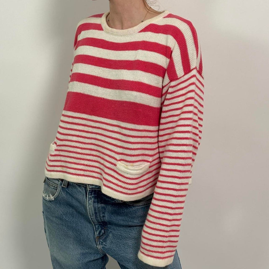 Vintage Pink and White Bibesco Sweater | M