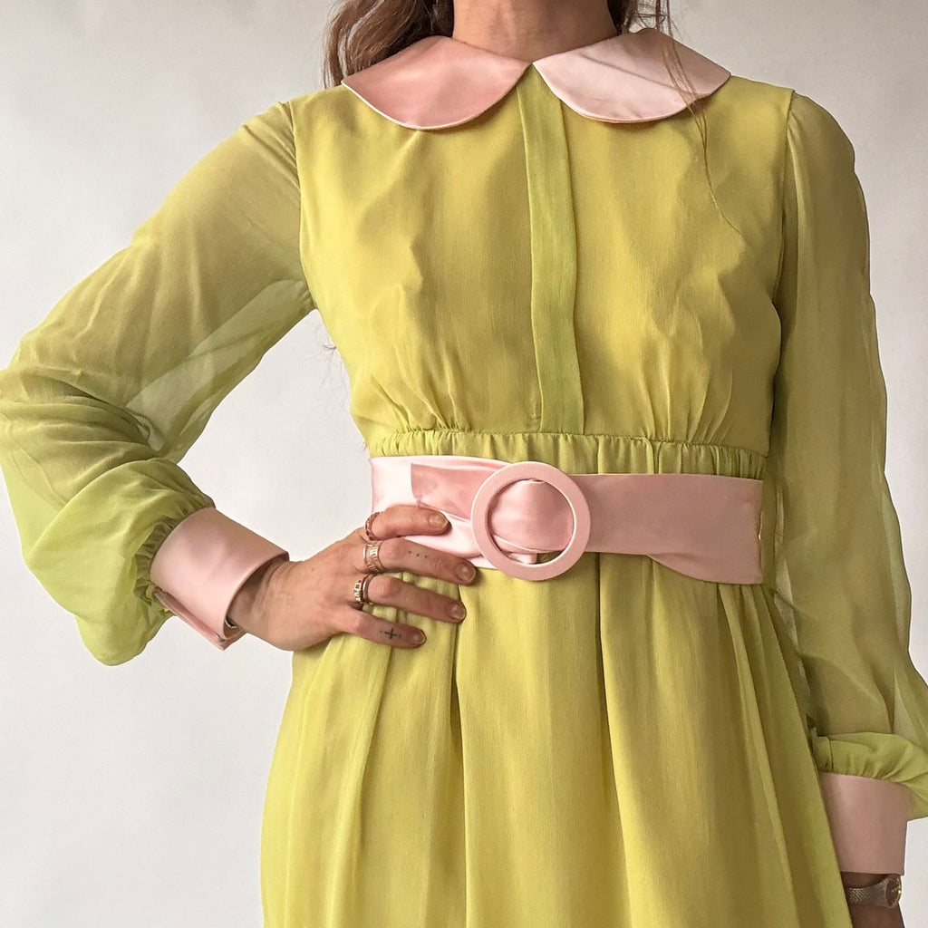 Vintage 60s/70s Chartreuse Peter Pan Collar Maxi Dress w/ Belt