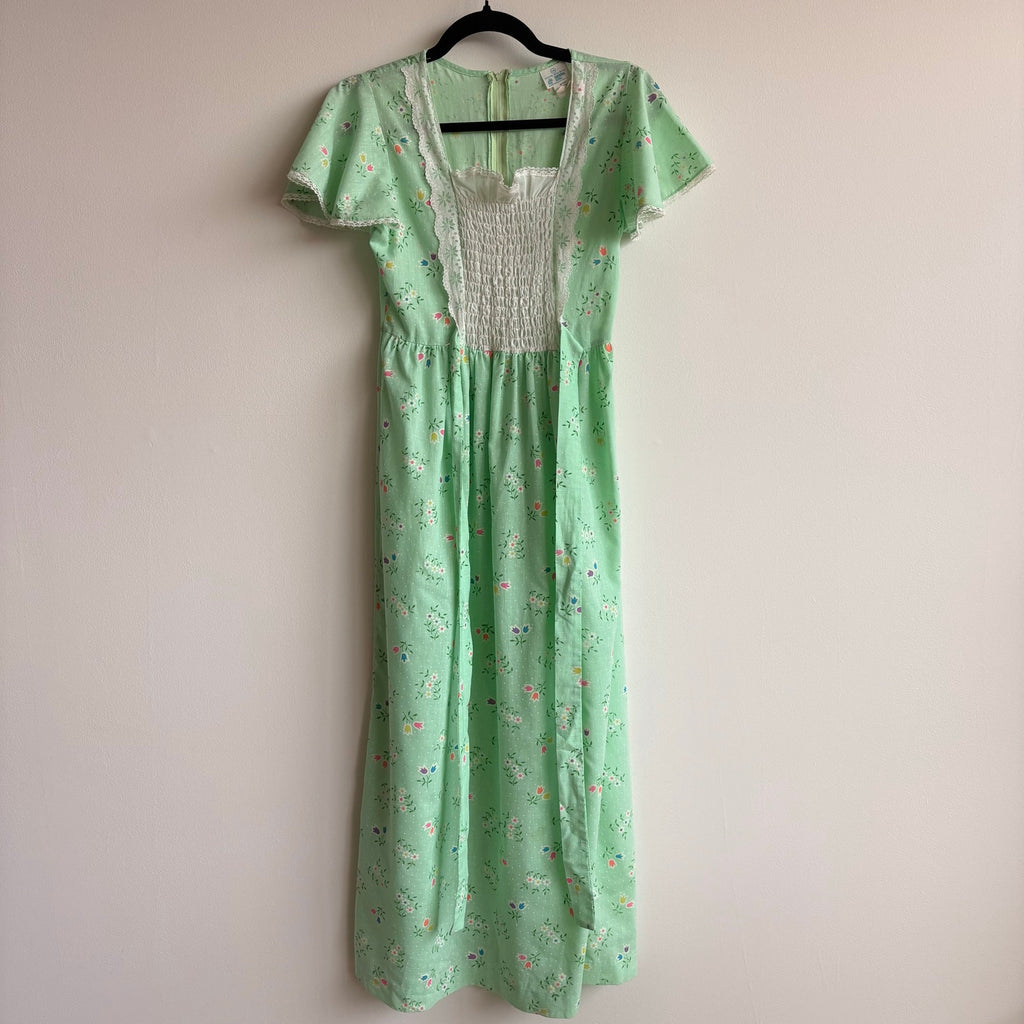 Vintage 70s Sears Growing Girl  Green Floral Prairie Dress - Small