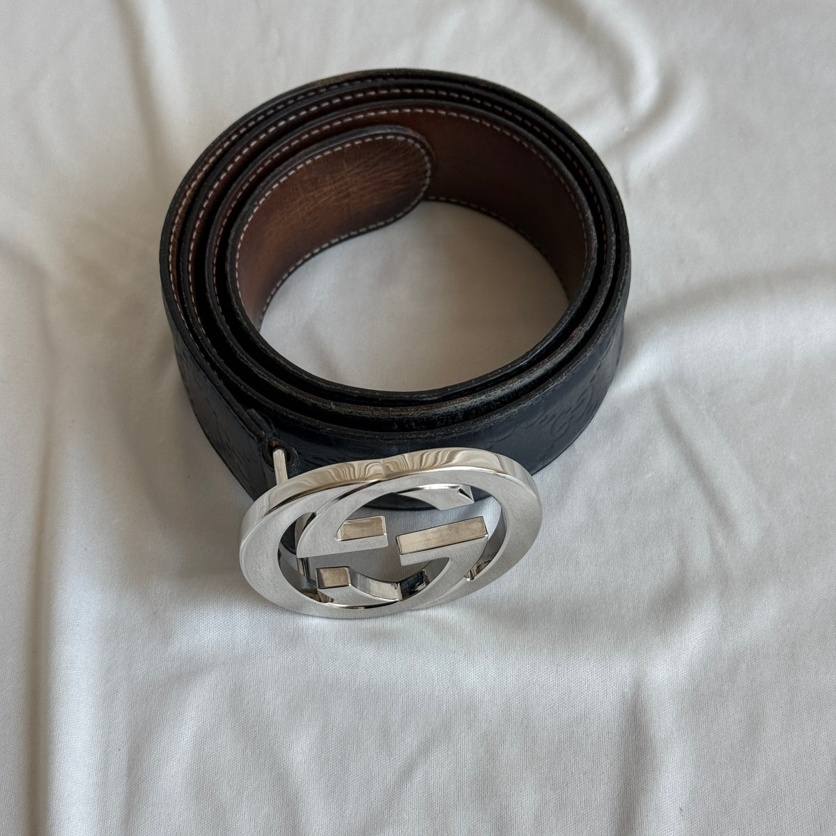Gucci Guccissima Leather Belt - Black, Silver Interlocking G, Size 95cm