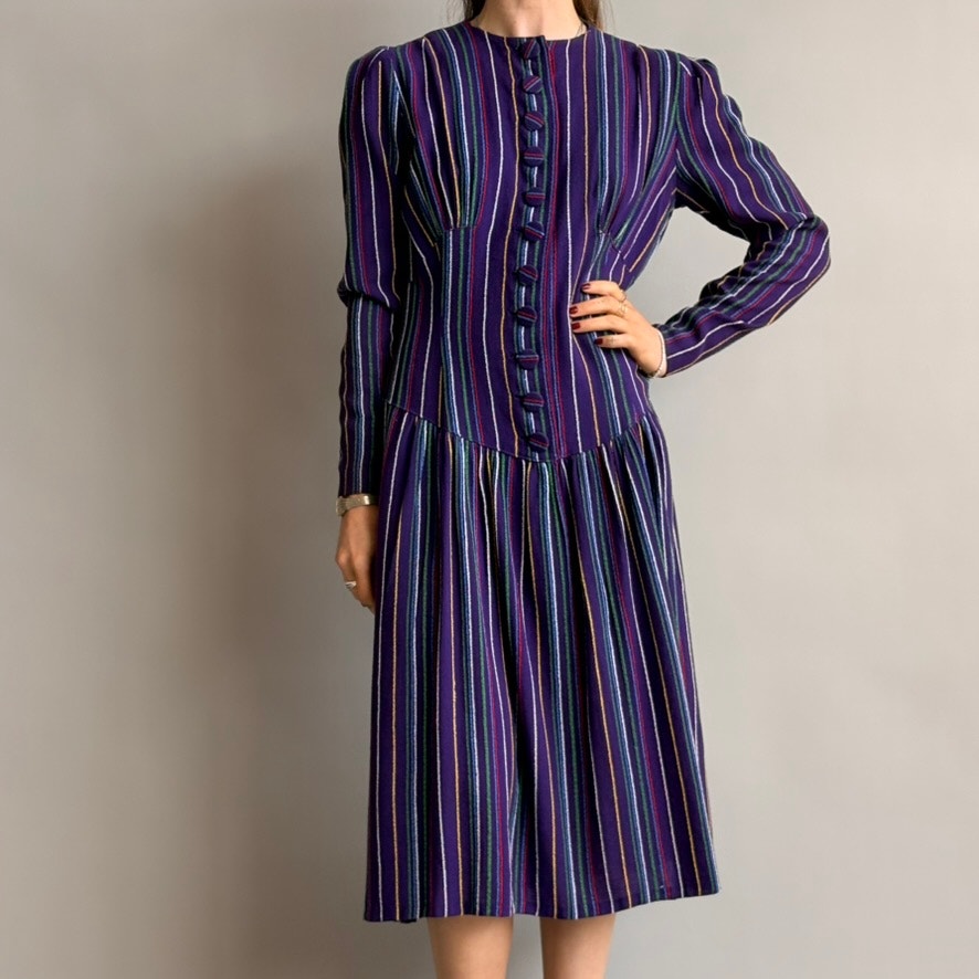 Vintage 1940s Purple Striped Wool Button-Front Day Dress