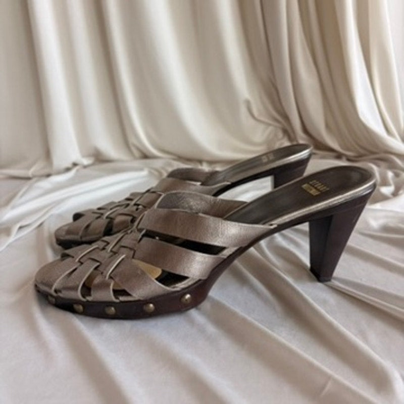 Stuart Weitzman Metallic Woven Mules - Studded Wooden Sole, Platform, Size 10
